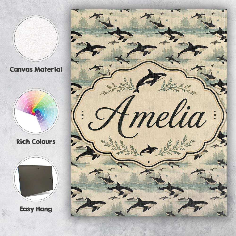 Personalised Name Stylised Orca Whale Custom Modern Room Accent Creative Decorator Style Canvas Wall Art Print Decor Picture Ready to Hang
