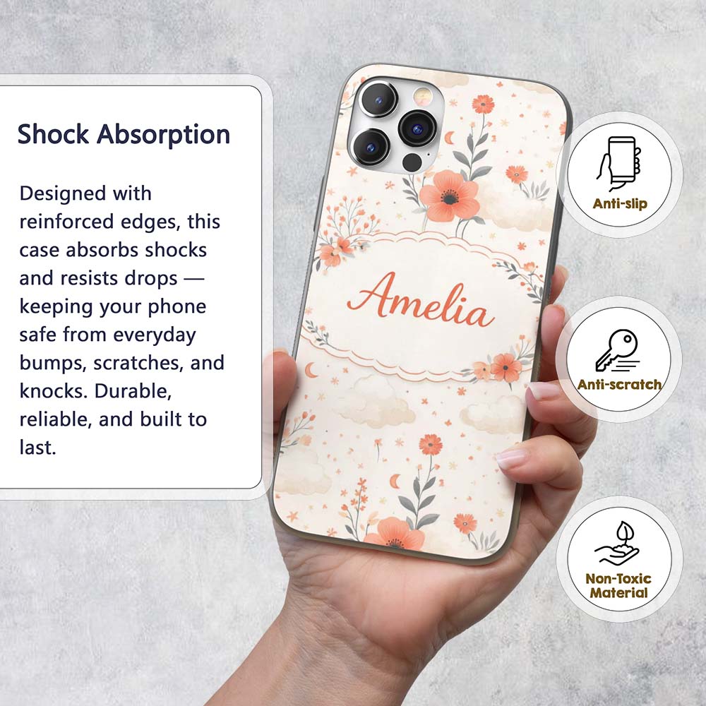 Watercolour Floral Cloud Pattern Soft Peach Tones Custom Name Protective Phone Case Mobile Cover Durable Everyday Smartphone Shock Resistant