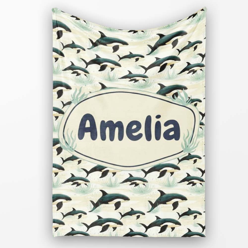 Orca Whale Coastal Landscape Seamless Pattern Ocean Nature Scene Personalised Custom Name Super Soft Fleece Blanket Bed Sofa Throw