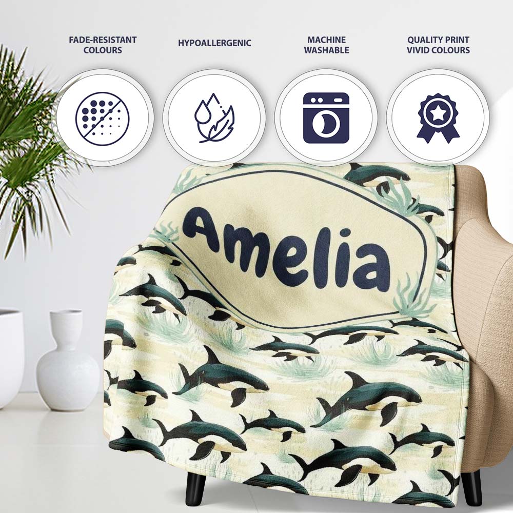 Orca Whale Coastal Landscape Seamless Pattern Ocean Nature Scene Personalised Custom Name Super Soft Fleece Blanket Bed Sofa Throw
