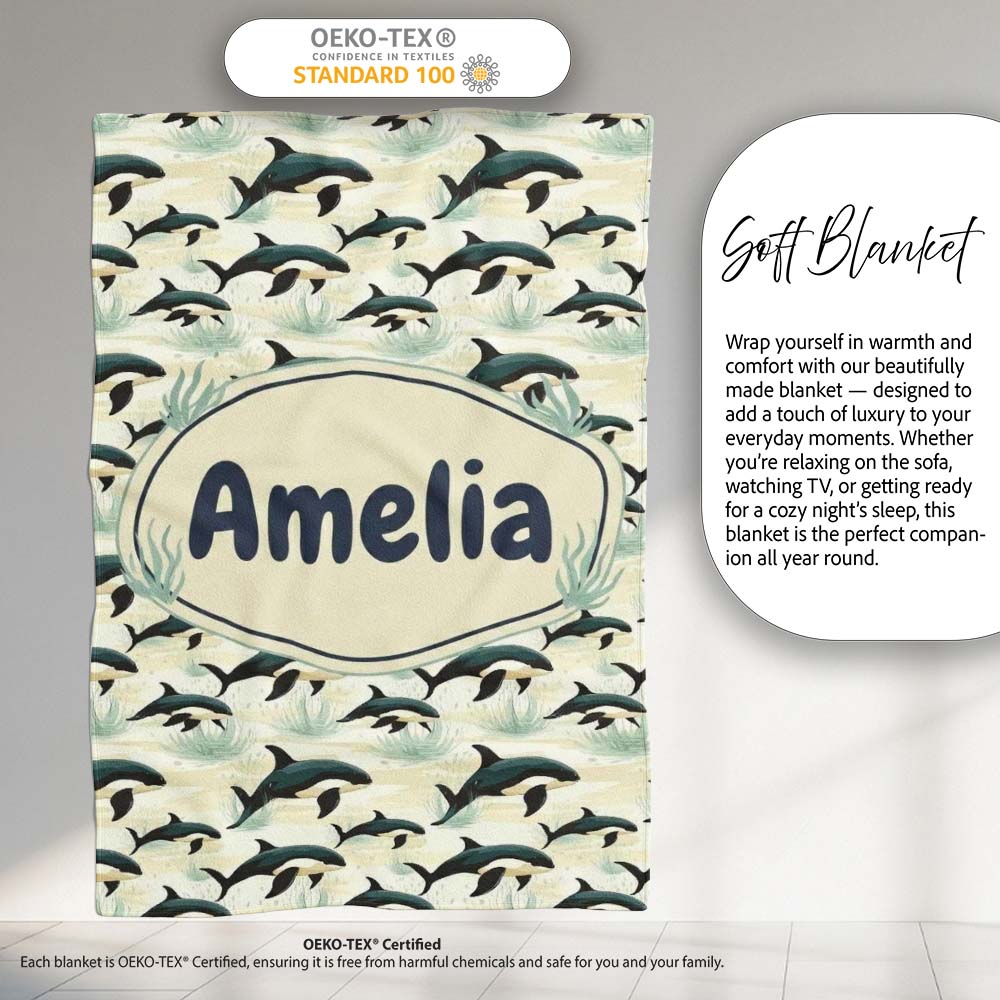 Orca Whale Coastal Landscape Seamless Pattern Ocean Nature Scene Personalised Custom Name Super Soft Fleece Blanket Bed Sofa Throw