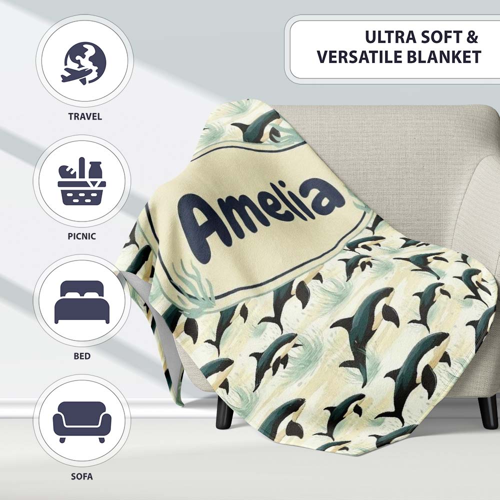 Orca Whale Coastal Landscape Seamless Pattern Ocean Nature Scene Personalised Custom Name Super Soft Fleece Blanket Bed Sofa Throw