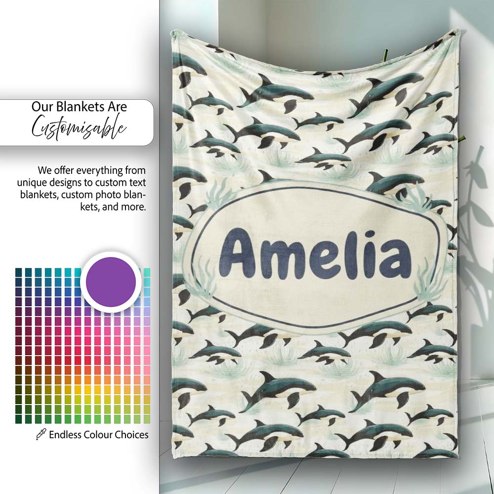 Orca Whale Coastal Landscape Seamless Pattern Ocean Nature Scene Personalised Custom Name Super Soft Fleece Blanket Bed Sofa Throw