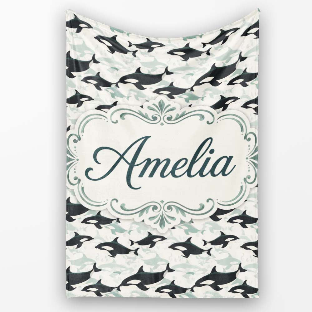 Orca Whale Seamless Pattern Minimal Ocean Marine Design Lovely Personalised Custom Name Super Soft Fleece Blanket Bed Sofa Throw