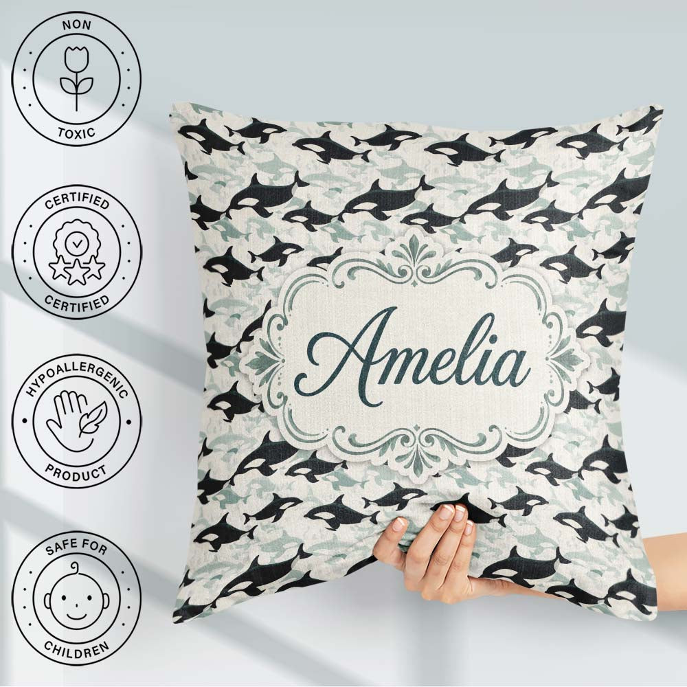 Custom Name Whale Seamless Pattern Minimal Ocean Marine Design Square Filled Cushion Throw Pillow Sofa Bed Home Decor Zip Washable UK Made