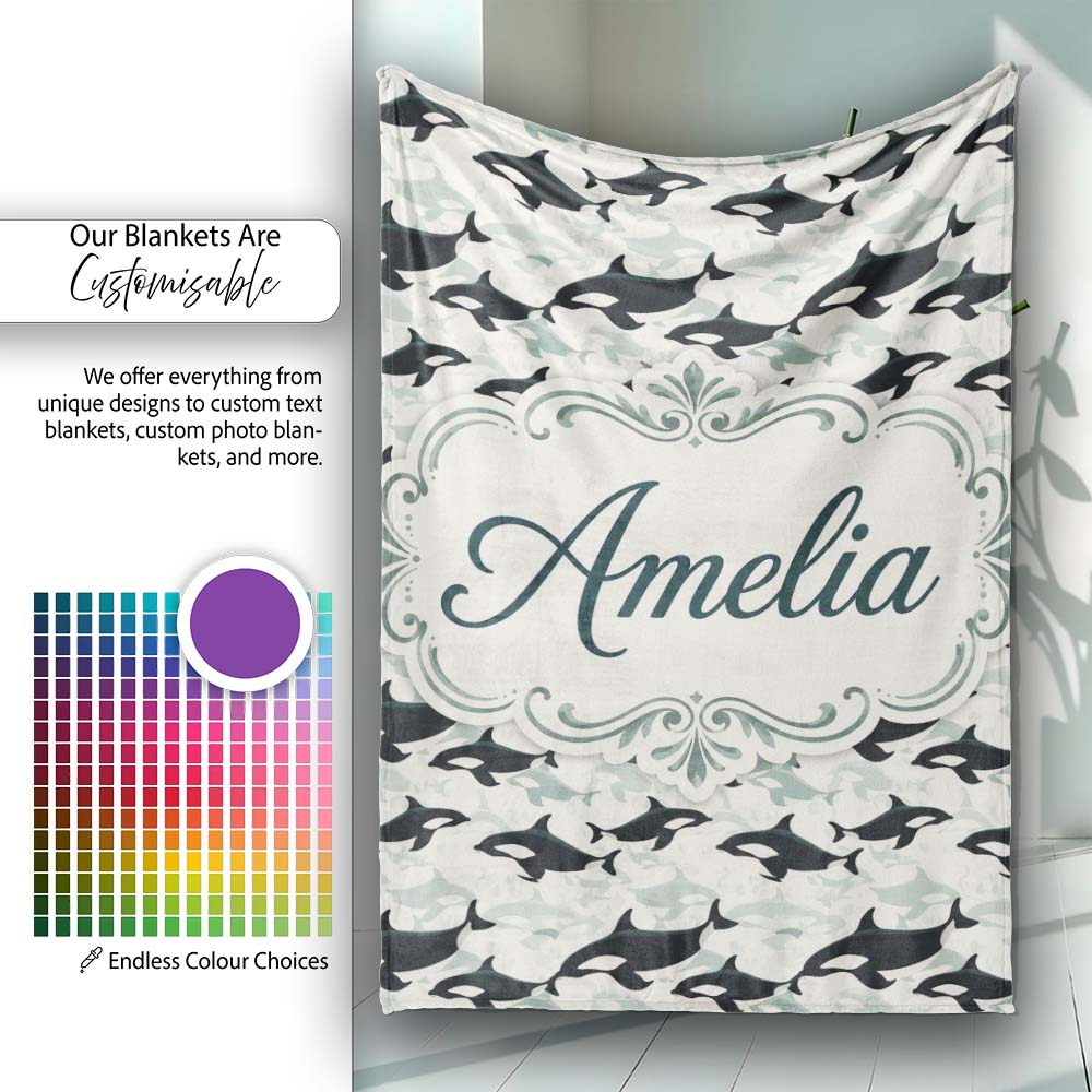 Orca Whale Seamless Pattern Minimal Ocean Marine Design Lovely Personalised Custom Name Super Soft Fleece Blanket Bed Sofa Throw