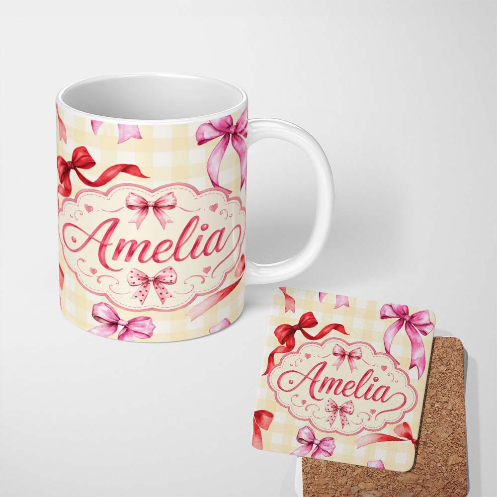 Personalized Custom Name Watercolor Red Pink Ribbon Bows Yellow Gingham Background Cute Girly 11oz Ceramic Coffee Tea Mug White Large Handle