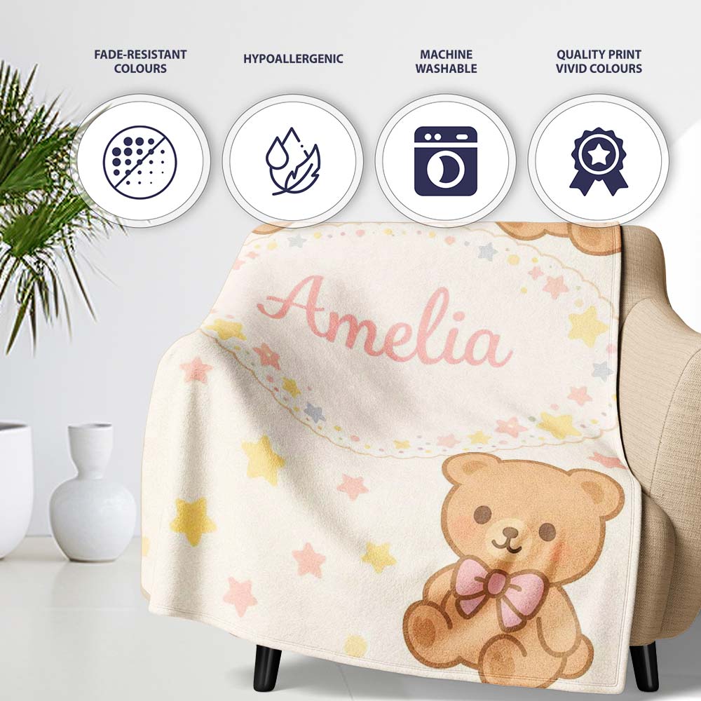 Cute Teddy Bear Bow Cartoon Animal Pattern Beautiful Coffee Cup Personalised Custom Name Super Soft Fleece Blanket Bed Sofa Throw