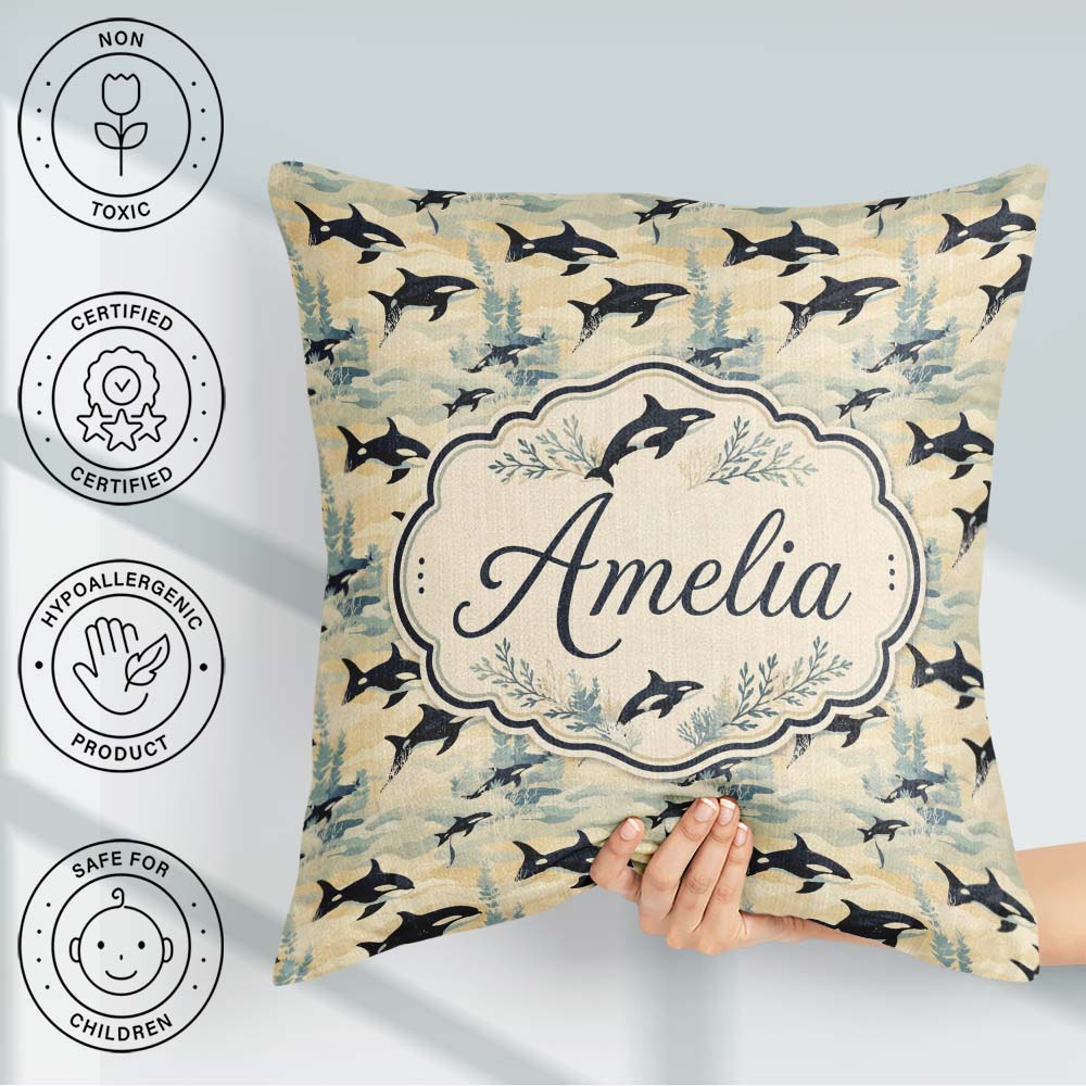 Custom Name Orca Whale Seamless Pattern Soft Ocean Coral Design Square Filled Cushion Throw Pillow Sofa Bed Home Decor Zip Washable UK Made