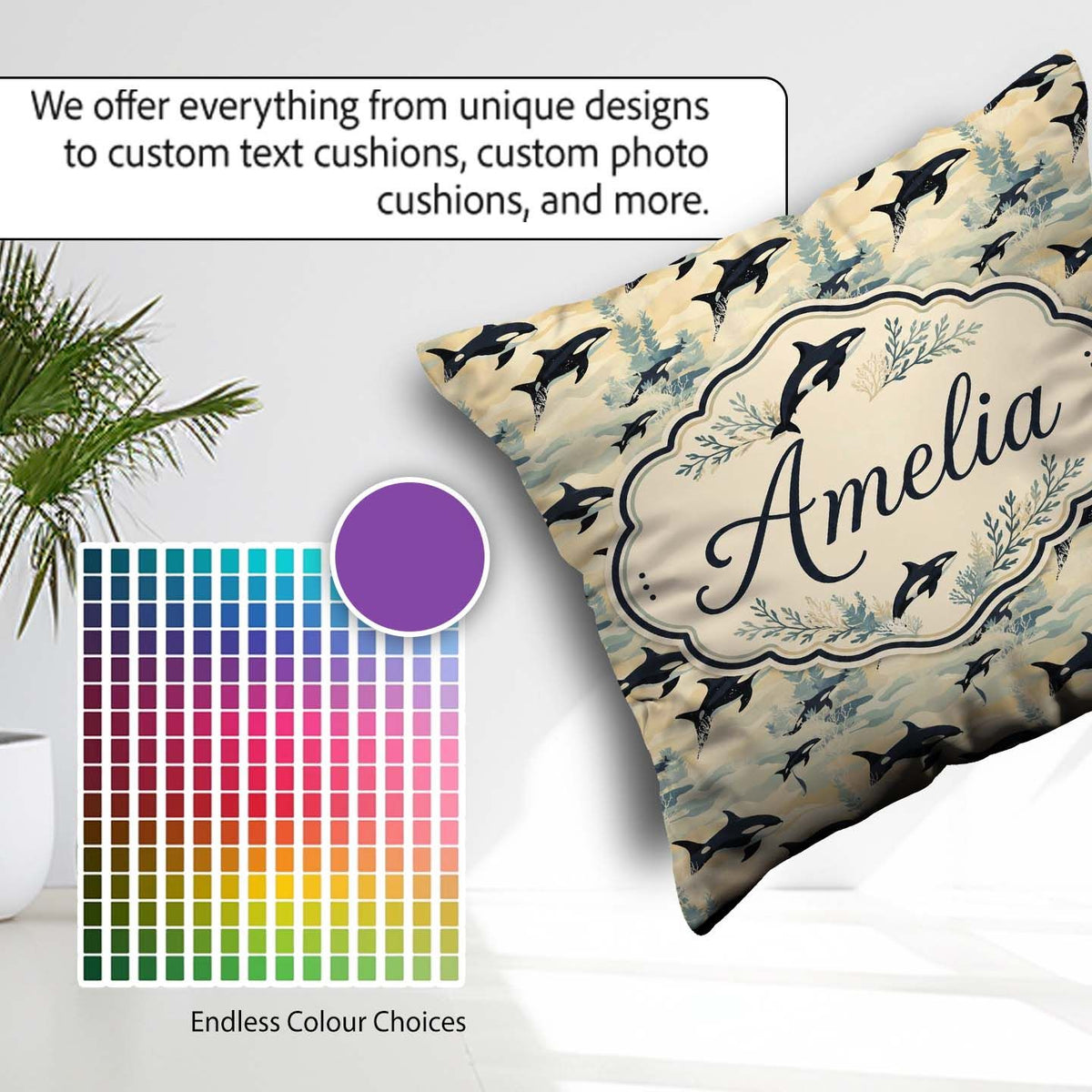 Custom Name Orca Whale Seamless Pattern Soft Ocean Coral Design Square Filled Cushion Throw Pillow Sofa Bed Home Decor Zip Washable UK Made