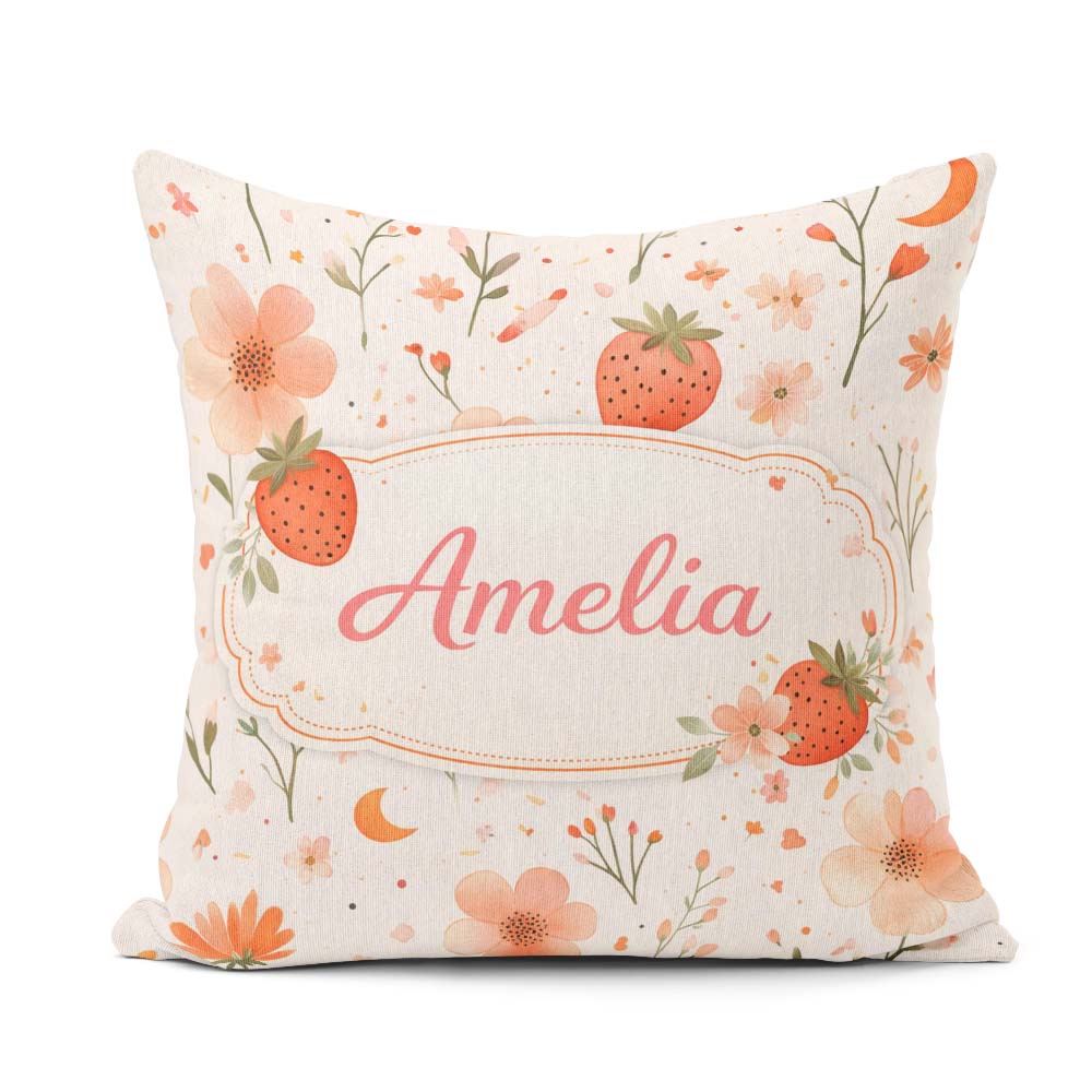 Custom Name Strawberry and Floral Cute Summer Pattern Decor Square Filled Cushion Throw Pillow Sofa Bed Home Decor Zip Washable UK Made
