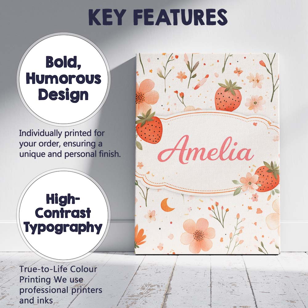 Personalised Name Strawberry and Floral Cute Summer Pattern Charming Custom Home Canvas Wall Art Print Decor Picture Ready to Hang