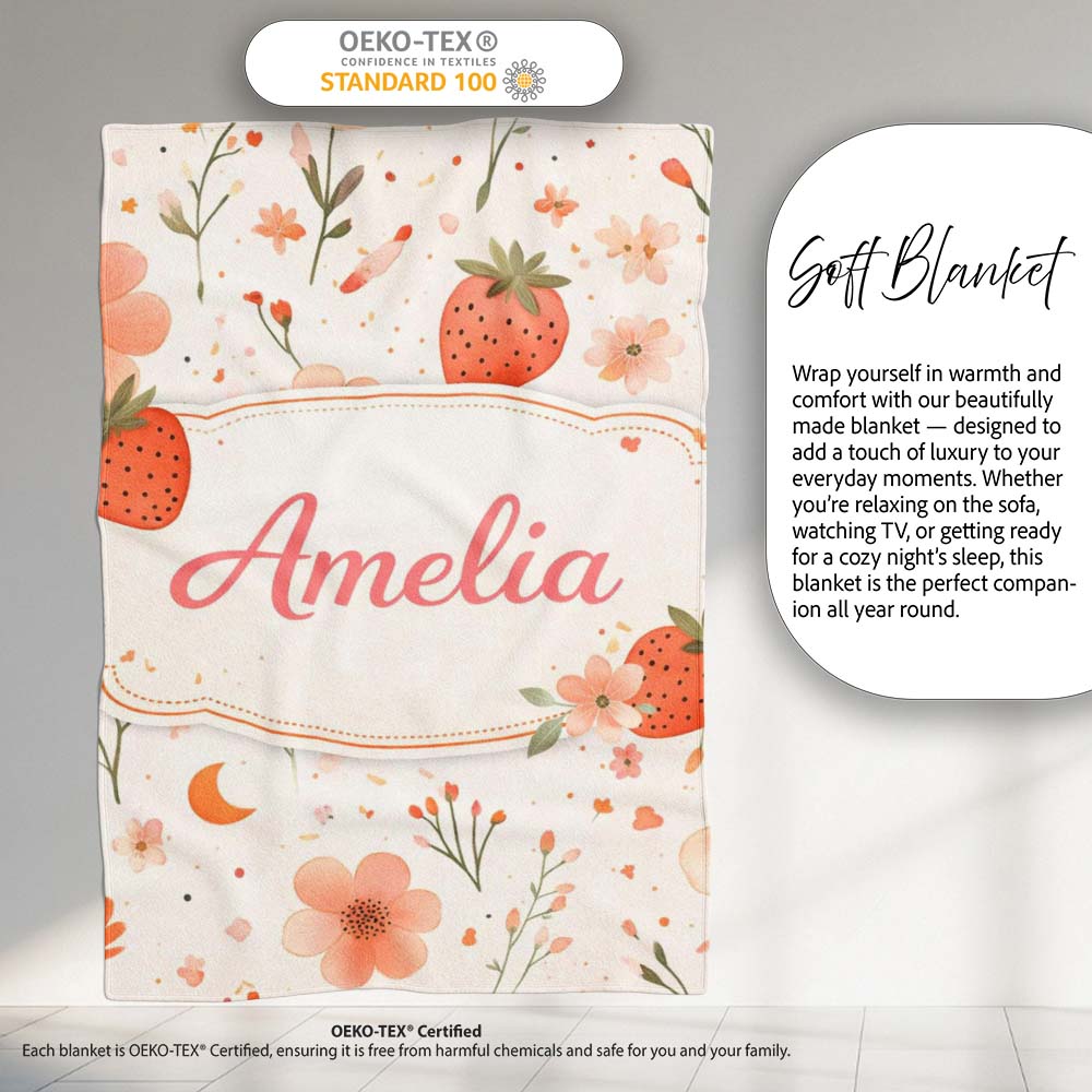 Strawberry and Floral Cute Summer Pattern Charming Decor Personalised Custom Name Super Soft Fleece Blanket Bed Sofa Throw