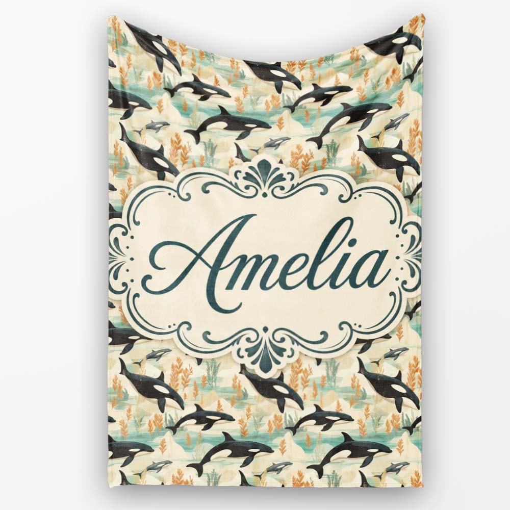 Watercolor Orca Whale Splash Seamless Pattern Artistic Ocean Marine Personalised Custom Name Super Soft Fleece Blanket Bed Sofa Throw