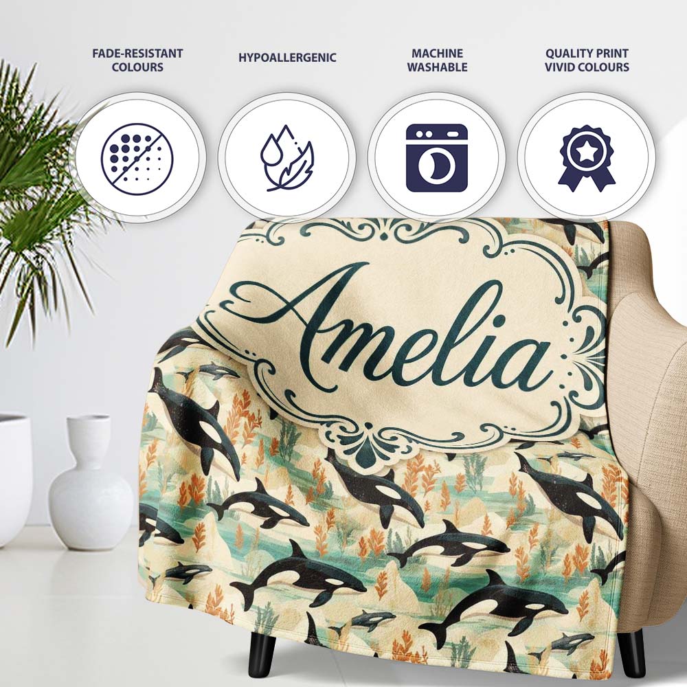 Watercolor Orca Whale Splash Seamless Pattern Artistic Ocean Marine Personalised Custom Name Super Soft Fleece Blanket Bed Sofa Throw