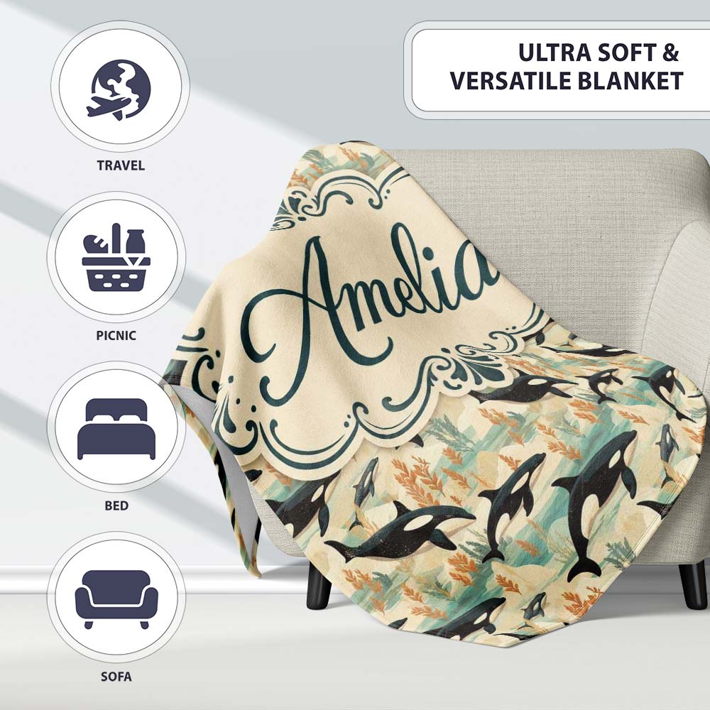 Watercolor Orca Whale Splash Seamless Pattern Artistic Ocean Marine Personalised Custom Name Super Soft Fleece Blanket Bed Sofa Throw