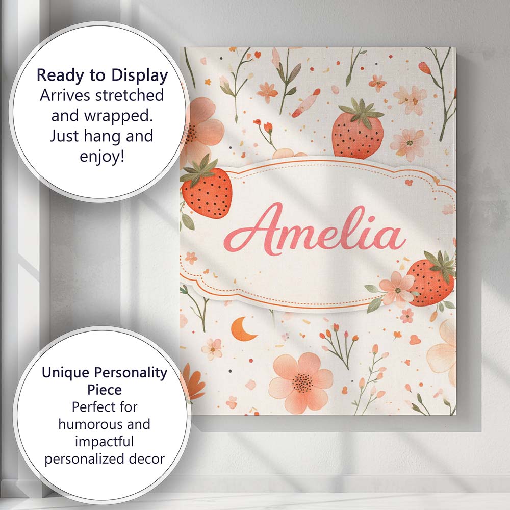 Personalised Name Strawberry and Floral Cute Summer Pattern Charming Custom Home Canvas Wall Art Print Decor Picture Ready to Hang