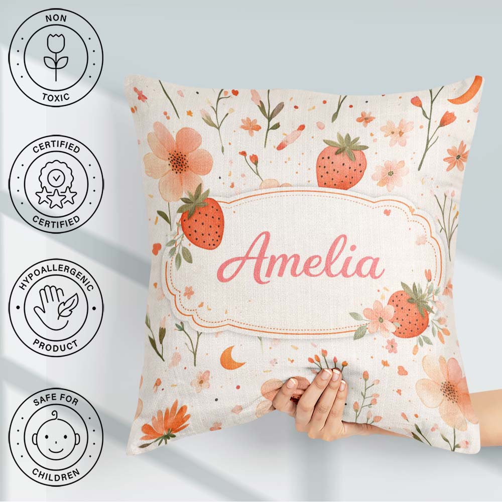 Custom Name Strawberry and Floral Cute Summer Pattern Decor Square Filled Cushion Throw Pillow Sofa Bed Home Decor Zip Washable UK Made