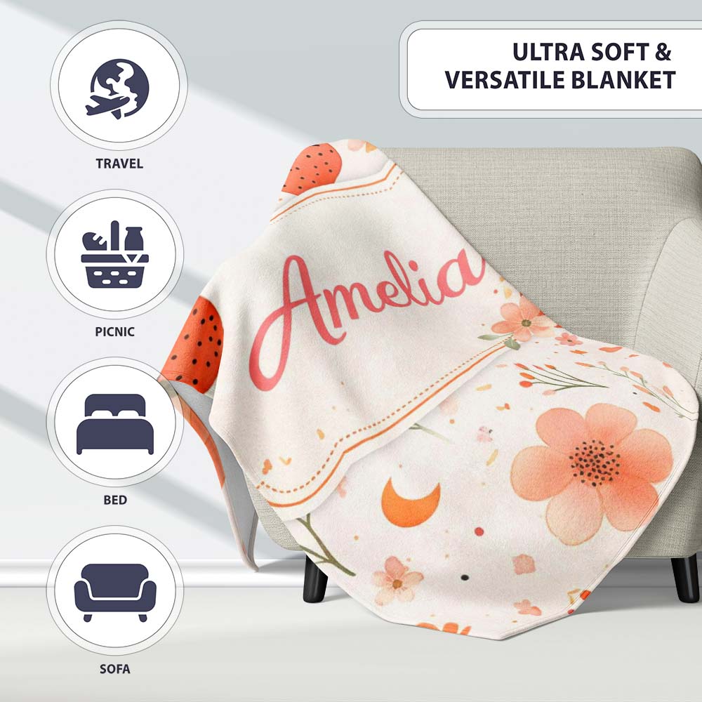 Strawberry and Floral Cute Summer Pattern Charming Decor Personalised Custom Name Super Soft Fleece Blanket Bed Sofa Throw