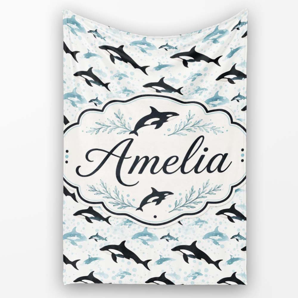 Orca Whale Forest Landscape Seamless Pattern Nature Meets Ocean Personalised Custom Name Super Soft Fleece Blanket Bed Sofa Throw
