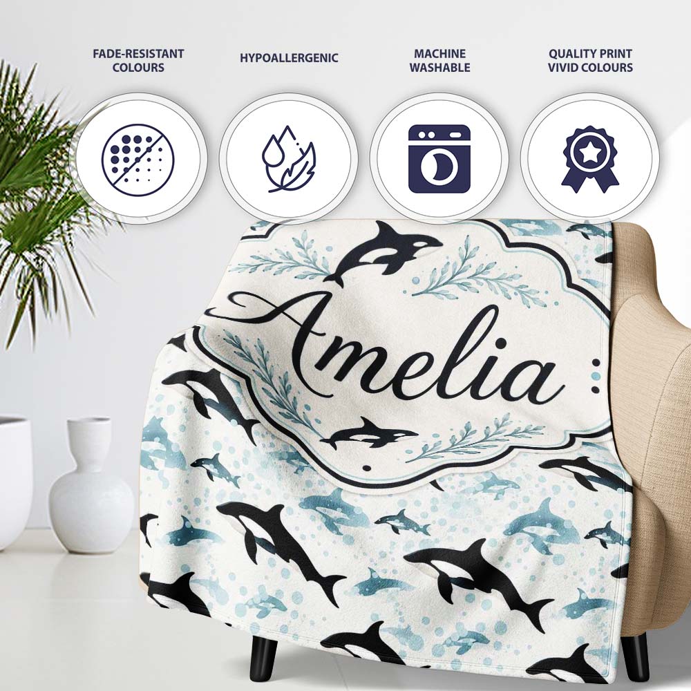 Orca Whale Forest Landscape Seamless Pattern Nature Meets Ocean Personalised Custom Name Super Soft Fleece Blanket Bed Sofa Throw