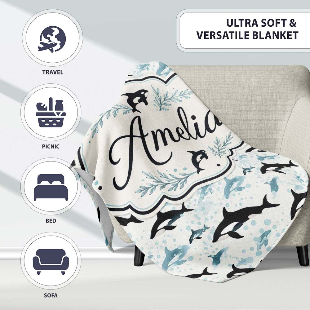 Orca Whale Forest Landscape Seamless Pattern Nature Meets Ocean Personalised Custom Name Super Soft Fleece Blanket Bed Sofa Throw
