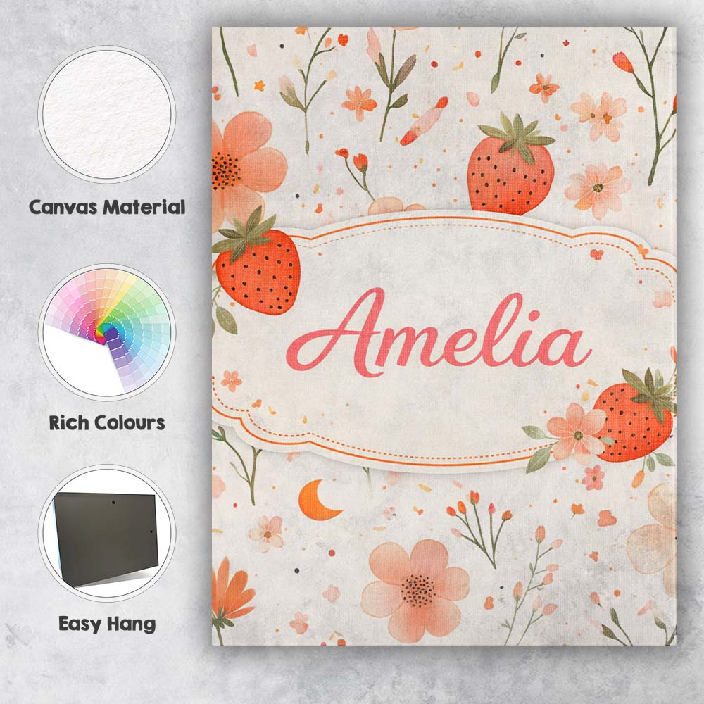 Personalised Name Strawberry and Floral Cute Summer Pattern Charming Custom Home Canvas Wall Art Print Decor Picture Ready to Hang