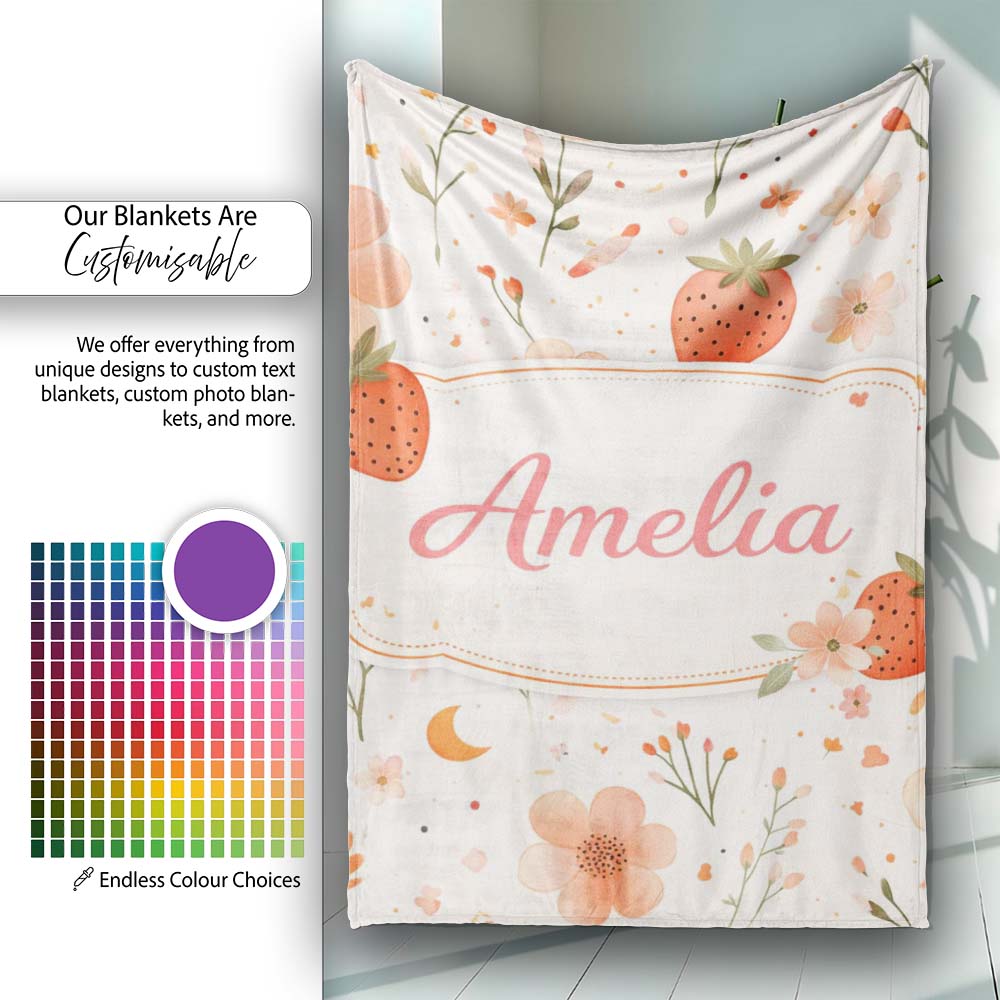 Strawberry and Floral Cute Summer Pattern Charming Decor Personalised Custom Name Super Soft Fleece Blanket Bed Sofa Throw