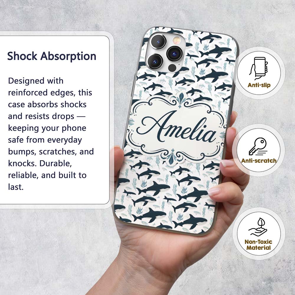 Realistic Orca Whale Water Reflection Seamless Custom Name Protective Phone Case Mobile Cover Durable Everyday Smartphone Shock Resistant
