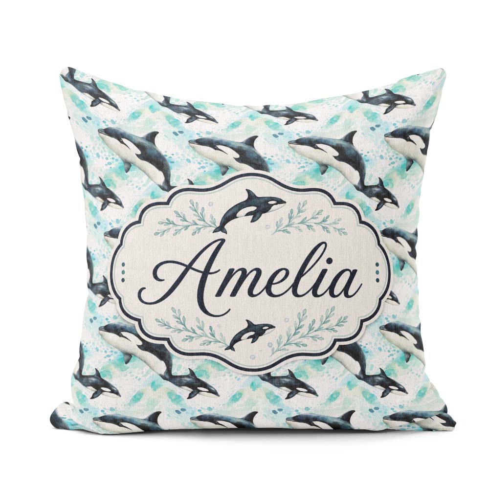 Custom Name Stylised Whale Seamless Pattern Nautical Ocean Scene Square Filled Cushion Throw Pillow Sofa Bed Home Decor Zip Washable UK Made