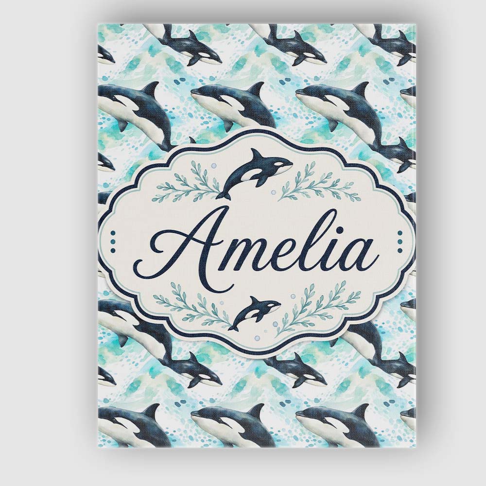 Personalised Name Stylised Orca Whale Wave Custom Unique Gift Idea Elegant Feature Canvas Wall Art Print Decor Picture Ready to Hang