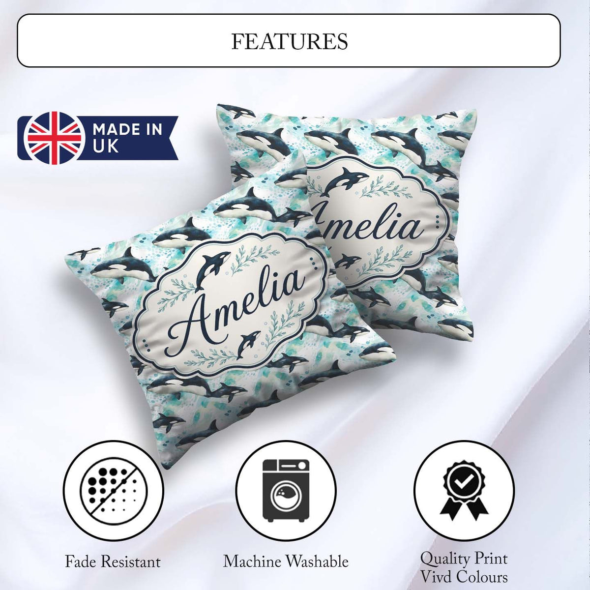 Custom Name Stylised Whale Seamless Pattern Nautical Ocean Scene Square Filled Cushion Throw Pillow Sofa Bed Home Decor Zip Washable UK Made