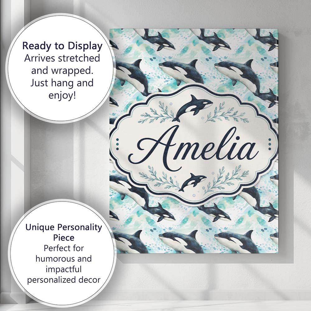 Personalised Name Stylised Orca Whale Wave Custom Unique Gift Idea Elegant Feature Canvas Wall Art Print Decor Picture Ready to Hang