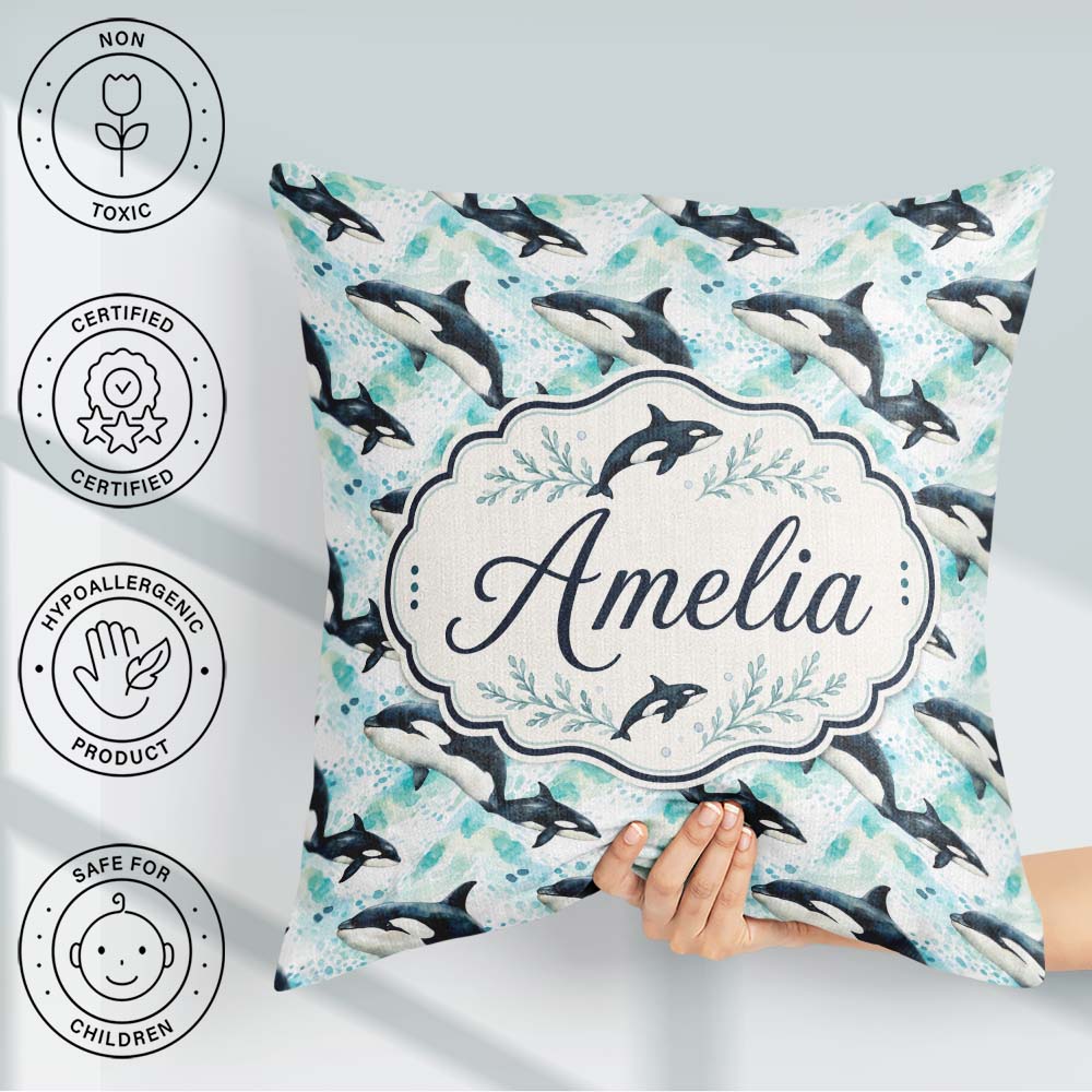 Custom Name Stylised Whale Seamless Pattern Nautical Ocean Scene Square Filled Cushion Throw Pillow Sofa Bed Home Decor Zip Washable UK Made