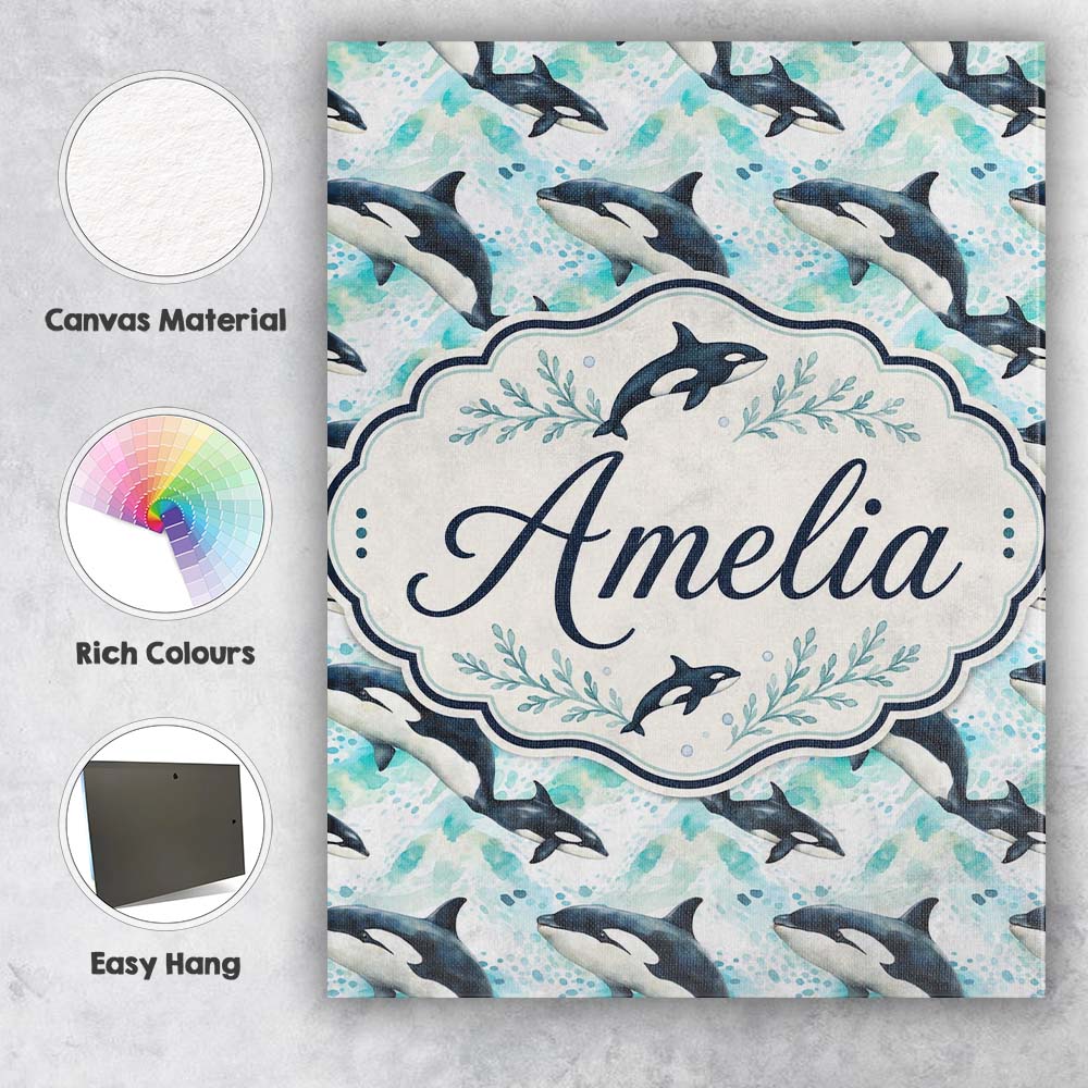 Personalised Name Stylised Orca Whale Wave Custom Unique Gift Idea Elegant Feature Canvas Wall Art Print Decor Picture Ready to Hang