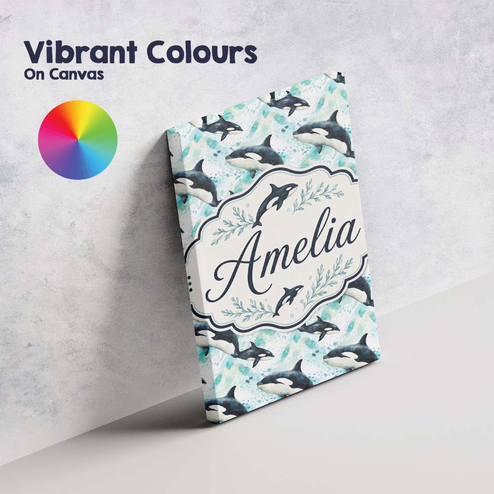 Personalised Name Stylised Orca Whale Wave Custom Unique Gift Idea Elegant Feature Canvas Wall Art Print Decor Picture Ready to Hang