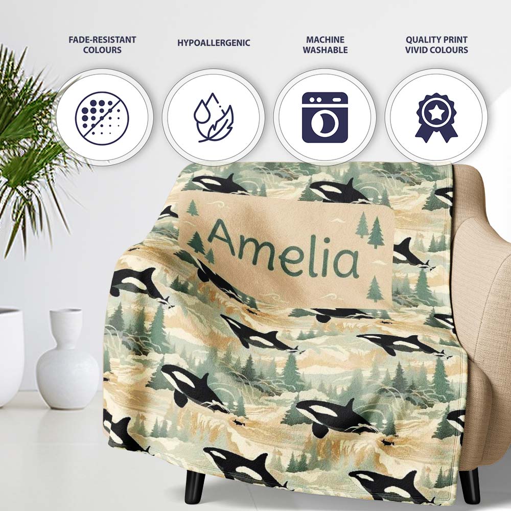 Artistic Orca Whale Splash Texture Seamless Pattern Marine Lovely Personalised Custom Name Super Soft Fleece Blanket Bed Sofa Throw