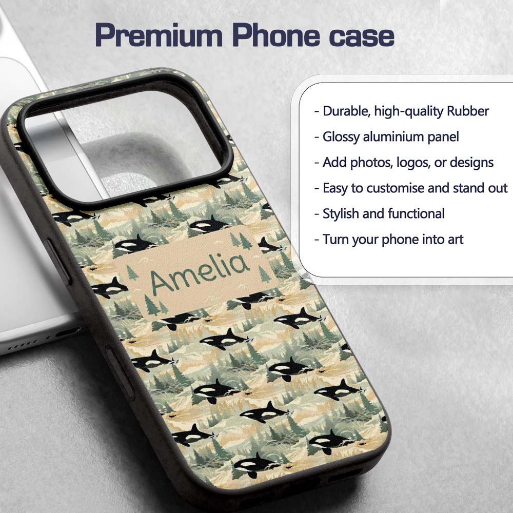 Artistic Orca Whale Splash Texture Printed Design Custom Name Protective Phone Case Mobile Cover Durable Everyday Smartphone Shock Resistant