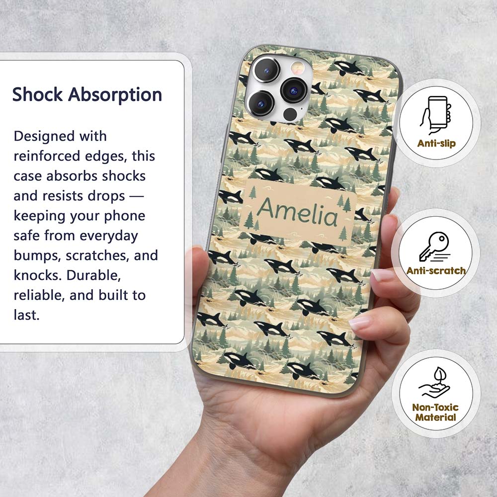Artistic Orca Whale Splash Texture Printed Design Custom Name Protective Phone Case Mobile Cover Durable Everyday Smartphone Shock Resistant