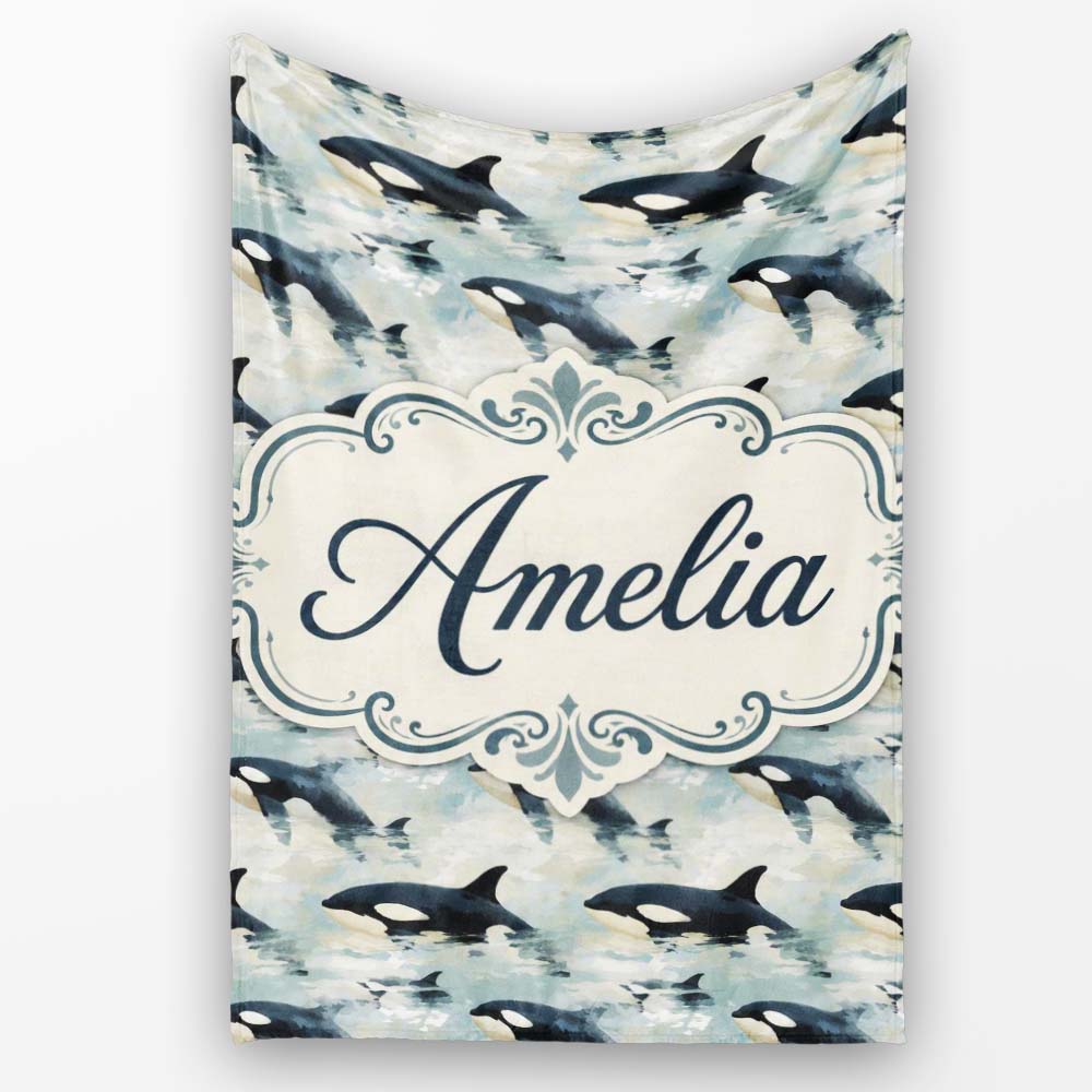 Orca Whale Ocean Surface Seamless Pattern Realistic Marine Life Personalised Custom Name Super Soft Fleece Blanket Bed Sofa Throw