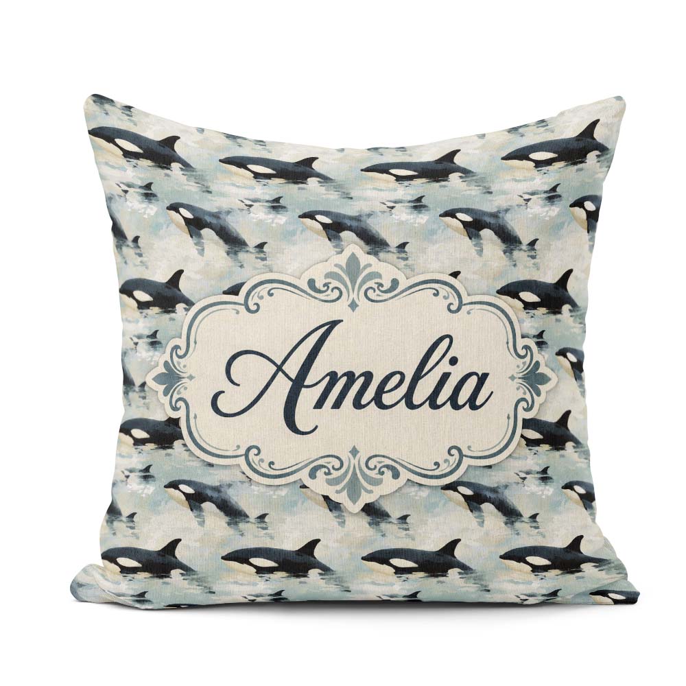 Custom Name Orca Whale Surface Seamless Pattern Realistic Marine Square Filled Cushion Throw Pillow Sofa Bed Home Decor Zip Washable UK Made