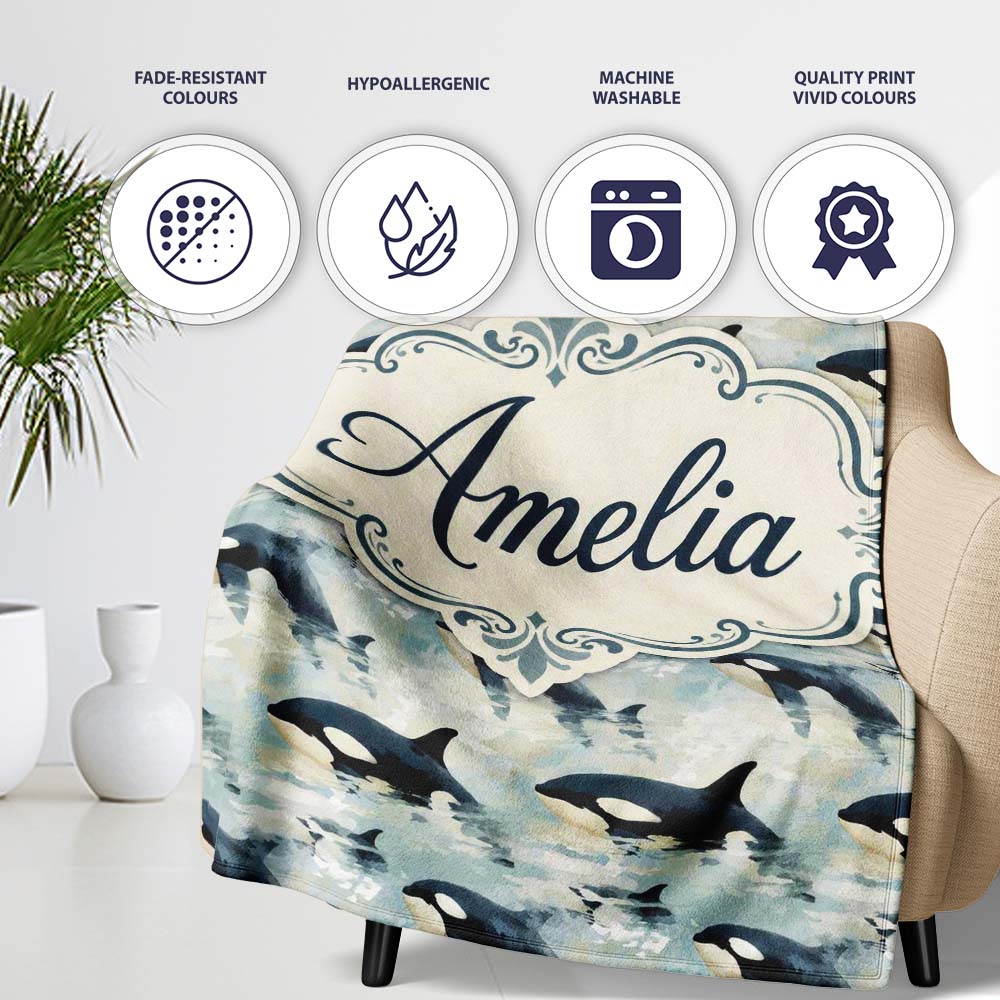 Orca Whale Ocean Surface Seamless Pattern Realistic Marine Life Personalised Custom Name Super Soft Fleece Blanket Bed Sofa Throw