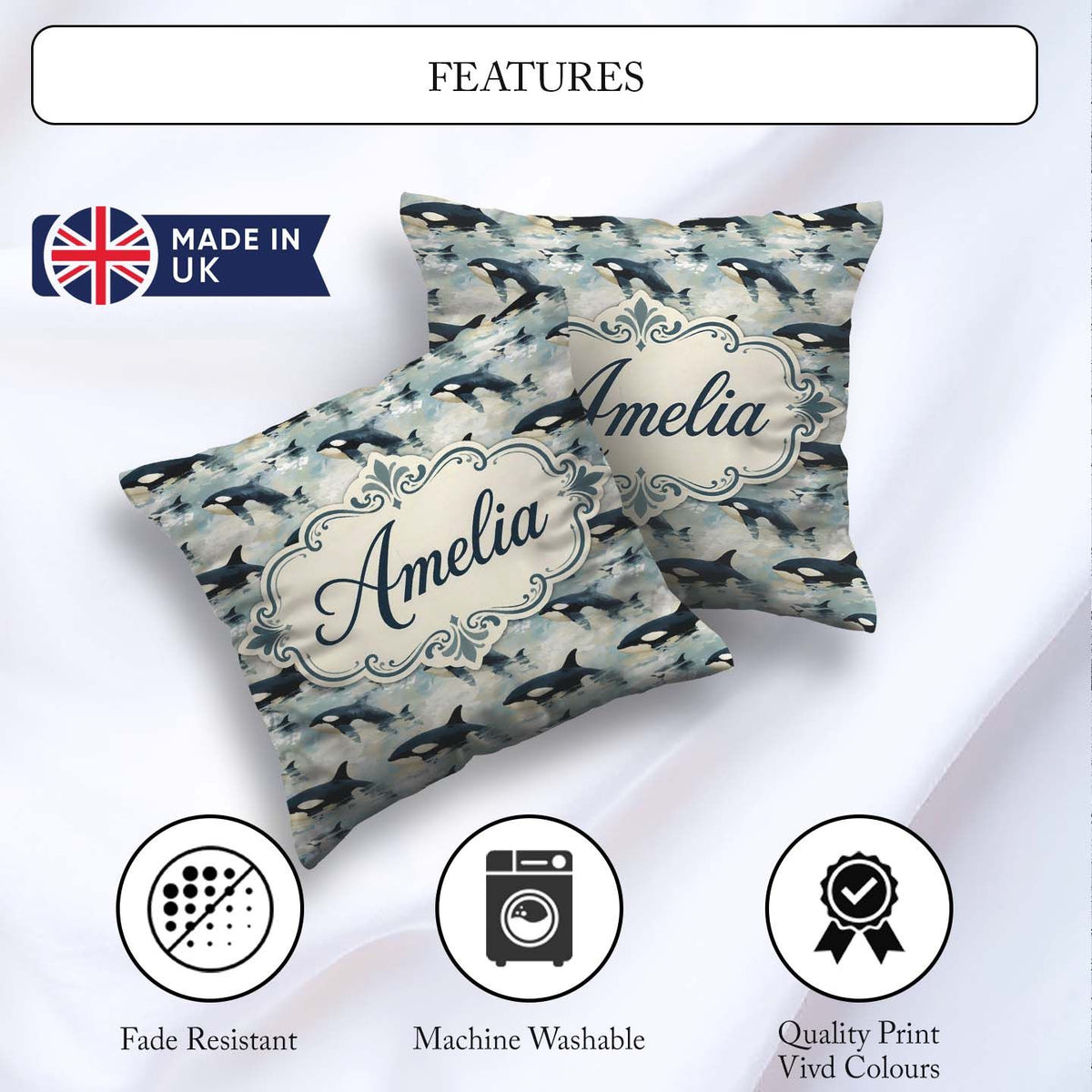 Custom Name Orca Whale Surface Seamless Pattern Realistic Marine Square Filled Cushion Throw Pillow Sofa Bed Home Decor Zip Washable UK Made
