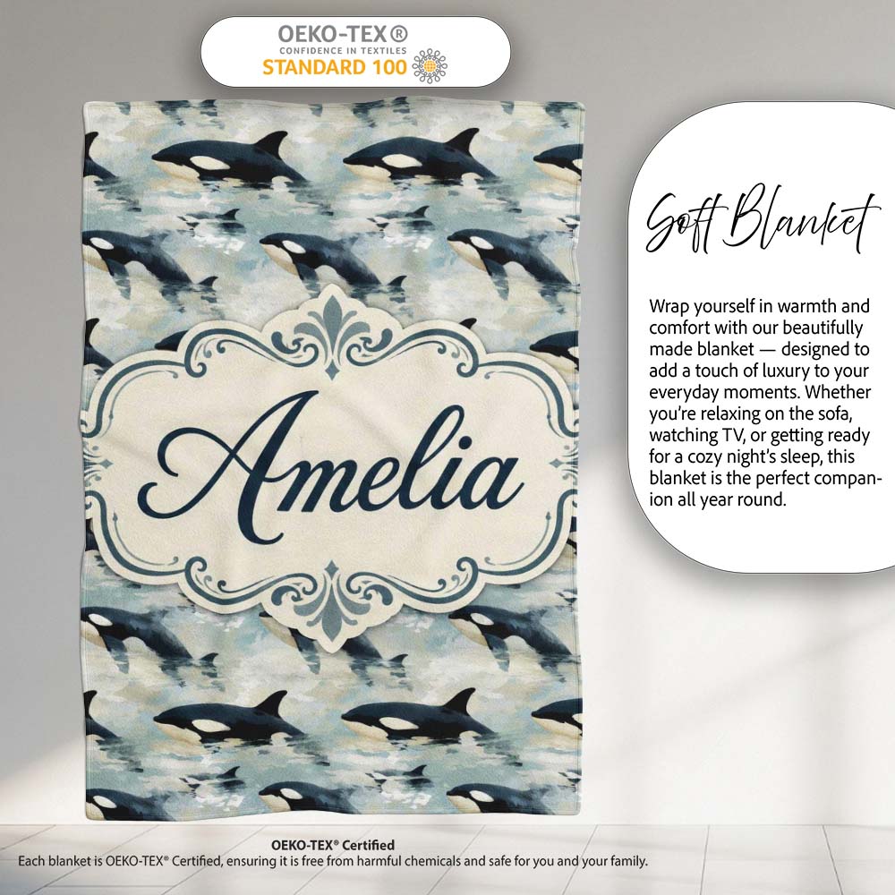 Orca Whale Ocean Surface Seamless Pattern Realistic Marine Life Personalised Custom Name Super Soft Fleece Blanket Bed Sofa Throw