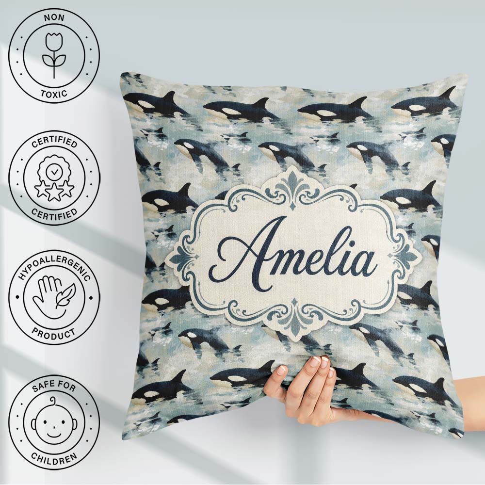 Custom Name Orca Whale Surface Seamless Pattern Realistic Marine Square Filled Cushion Throw Pillow Sofa Bed Home Decor Zip Washable UK Made