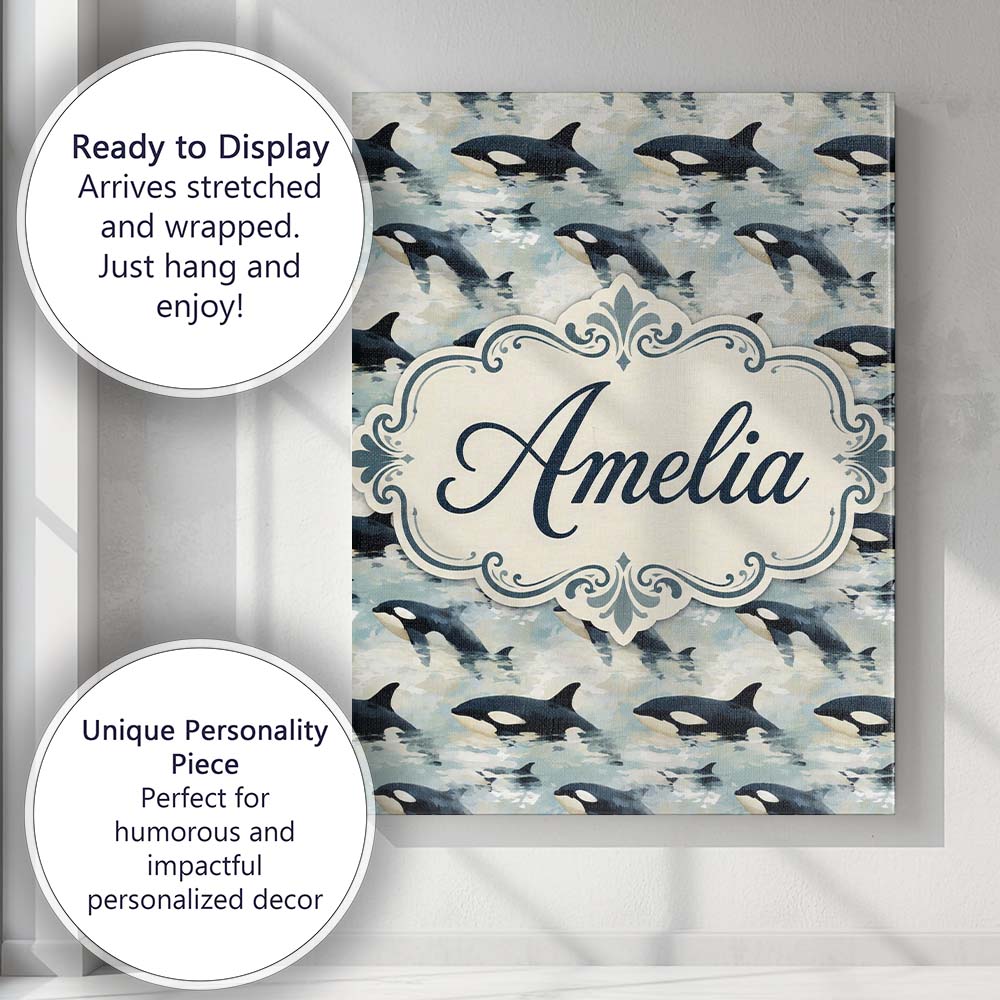 Personalised Name Orca Whale Ocean Surface Custom Unique Gift Idea Elegant Feature Canvas Wall Art Print Decor Picture Ready to Hang