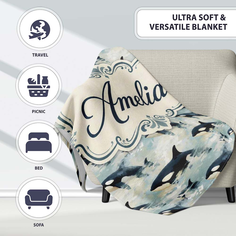 Orca Whale Ocean Surface Seamless Pattern Realistic Marine Life Personalised Custom Name Super Soft Fleece Blanket Bed Sofa Throw
