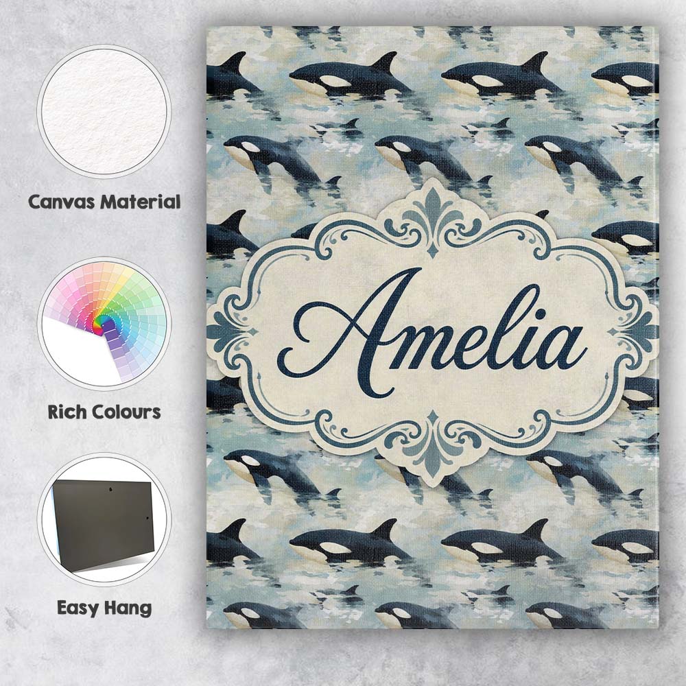 Personalised Name Orca Whale Ocean Surface Custom Unique Gift Idea Elegant Feature Canvas Wall Art Print Decor Picture Ready to Hang