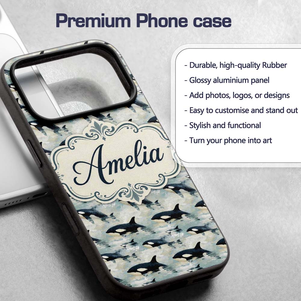 Orca Whale Ocean Surface Seamless Printed Design Custom Name Protective Phone Case Mobile Cover Durable Everyday Smartphone Shock Resistant