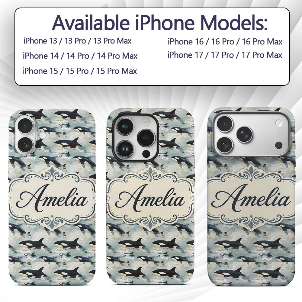 Orca Whale Ocean Surface Seamless Printed Design Custom Name Protective Phone Case Mobile Cover Durable Everyday Smartphone Shock Resistant
